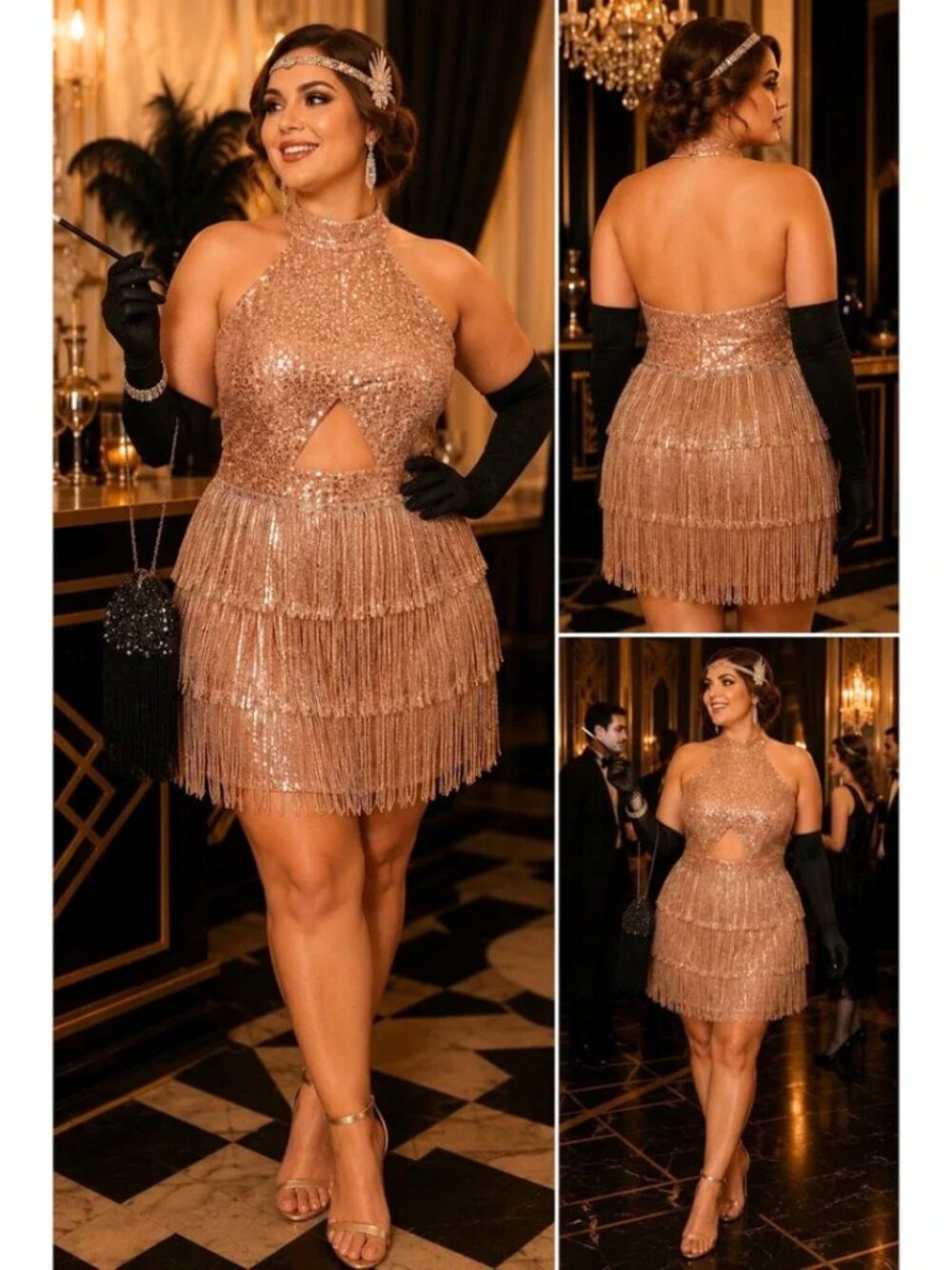 Gatsby Sequin Dress Flapper Rose Gold Fringe Halter Cutout Party Cocktail Mini S